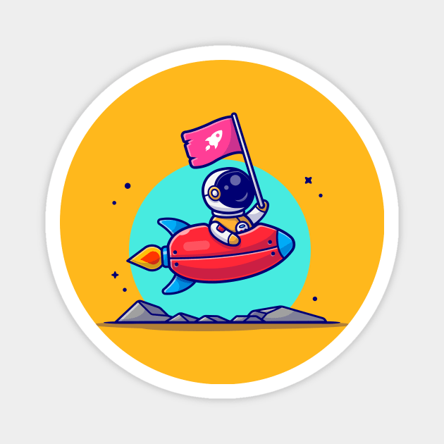 Cute Astronaut Holding Flag With Riding Rocket in Space Cartoon Vector Icon Illustration Magnet by Catalyst Labs